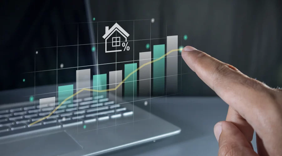 hand pointing virtual graph house price rising up real estate property growth concept
