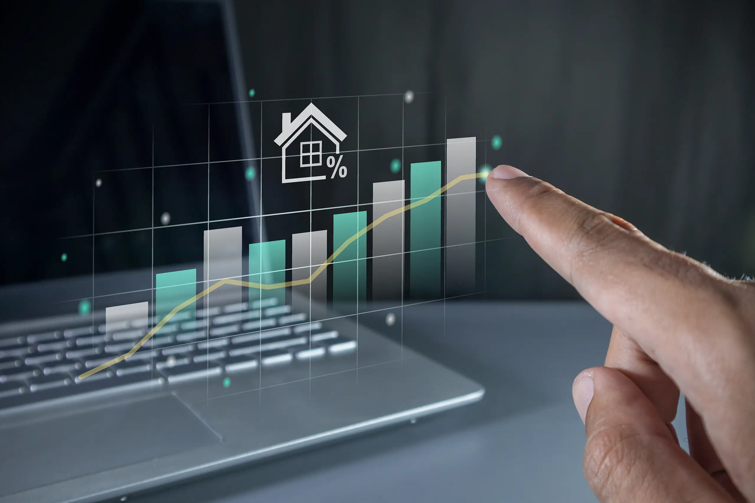 hand pointing virtual graph house price rising up real estate property growth concept