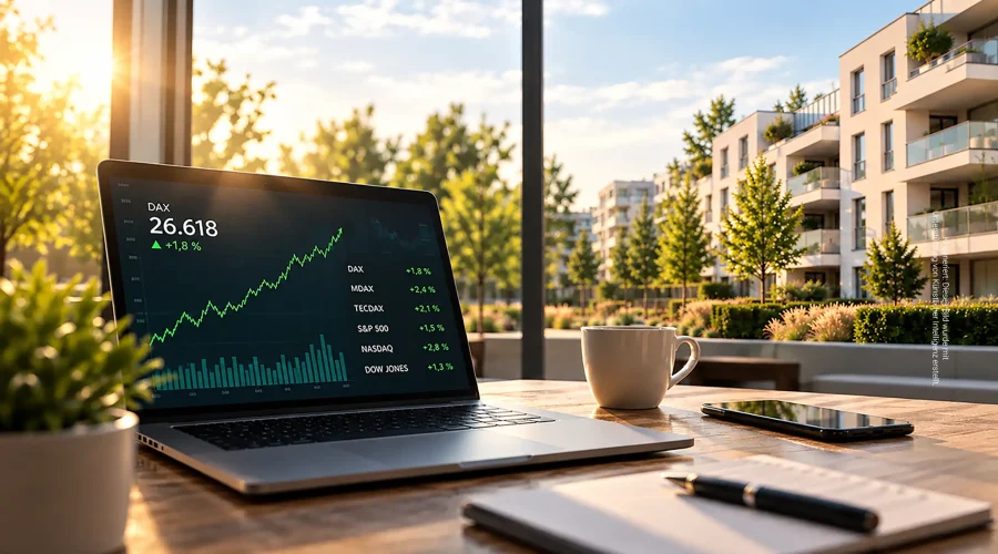 Sonniger Arbeitsplatz mit Börsenblick